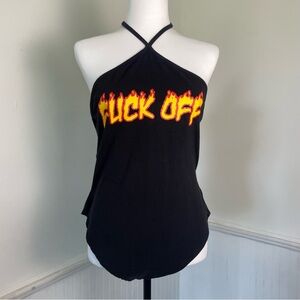 Spencer’s - “F*ck Off” Flame Print Black Halter One Piece Bodysuit